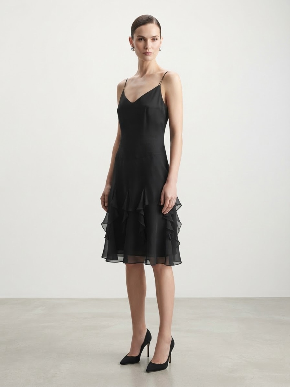 Kay Unger Black Spaghetti-Strap Ruffle Midi Dress